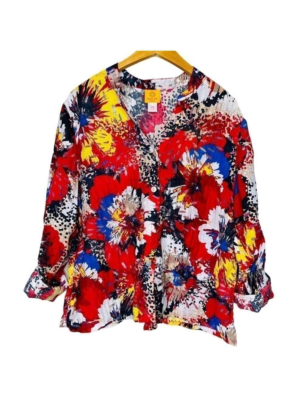 Ruby Rd.‎ Floral Multi Colored Long Sleeve Button Front Semi-Sheer Top Size 18W